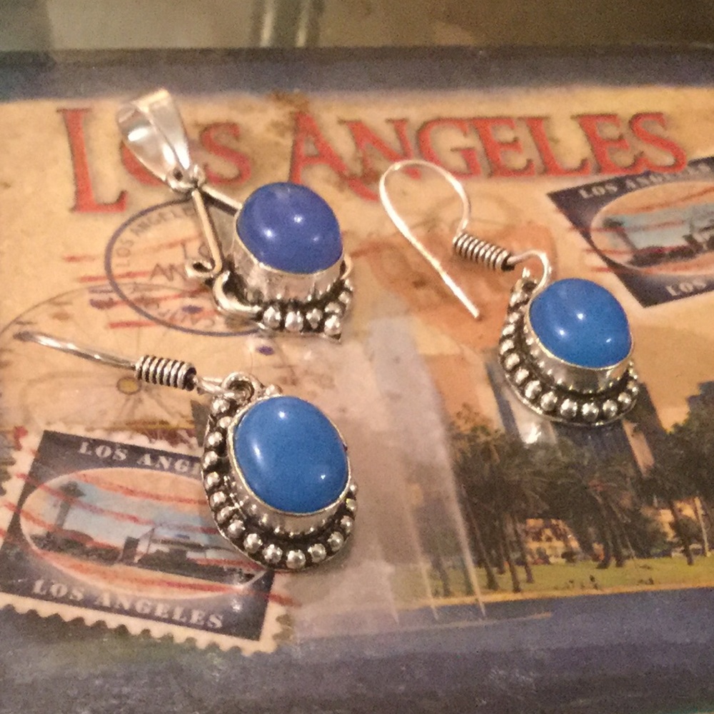 Blue Chalcedony Pendant Earring Set